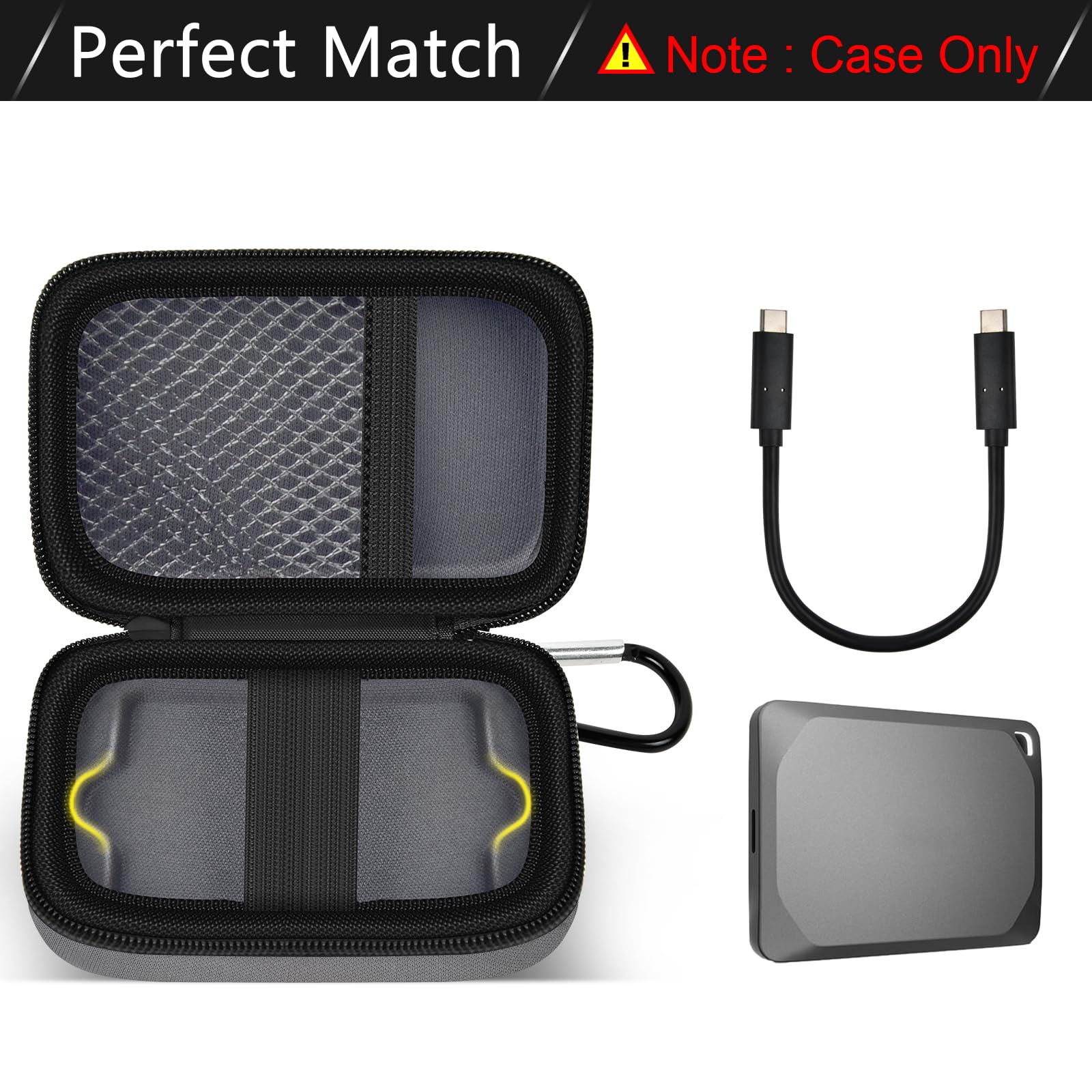 Open gray Crucial X9 and X10 portable SSD case with mesh cable pocket and elastic strap; case only