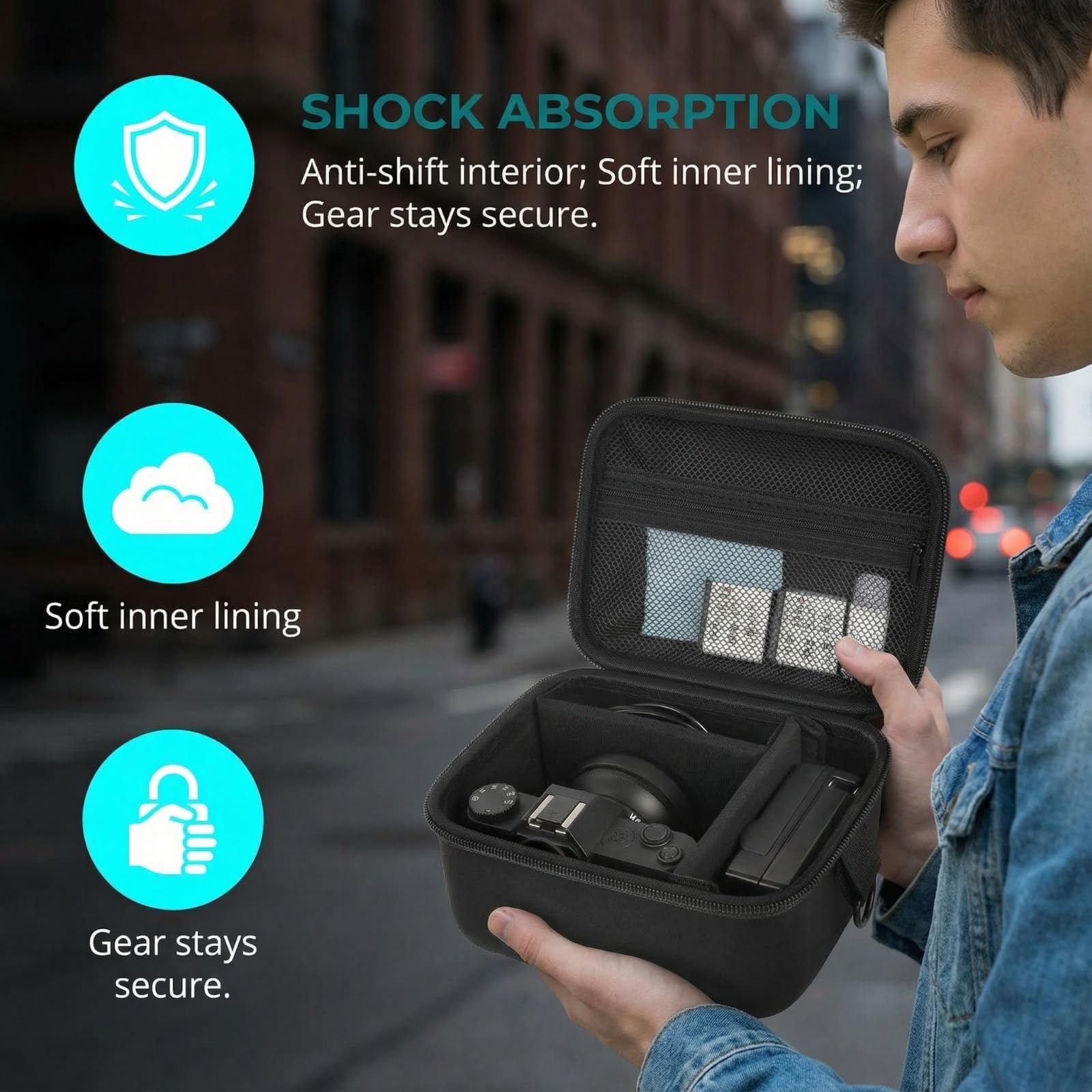 Black camera organizer showing shock-absorbing shell, soft lining, and secure gear storage
