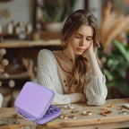 Woman using the purple ring organizer on a jewelry worktable