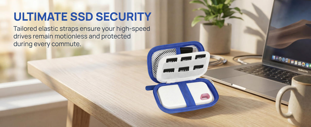 Open white SSD case demonstrating secure storage beside a laptop