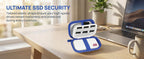 Open white SSD case demonstrating secure storage beside a laptop