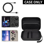 Black retro handheld console carrying case shown open with compatible retro handheld consoles and cable