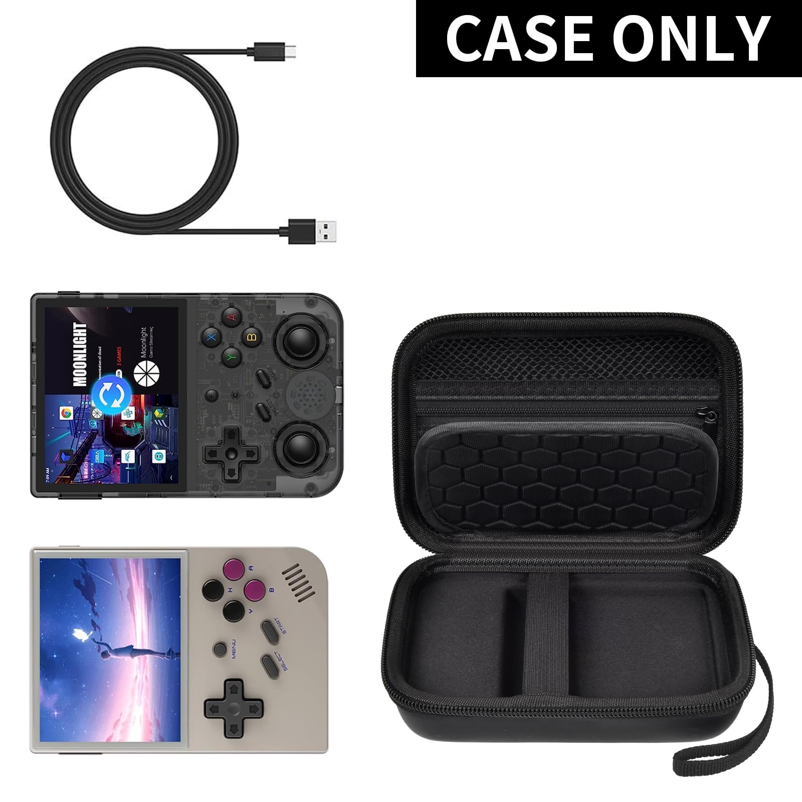 Black retro handheld console carrying case shown open with compatible retro handheld consoles and cable