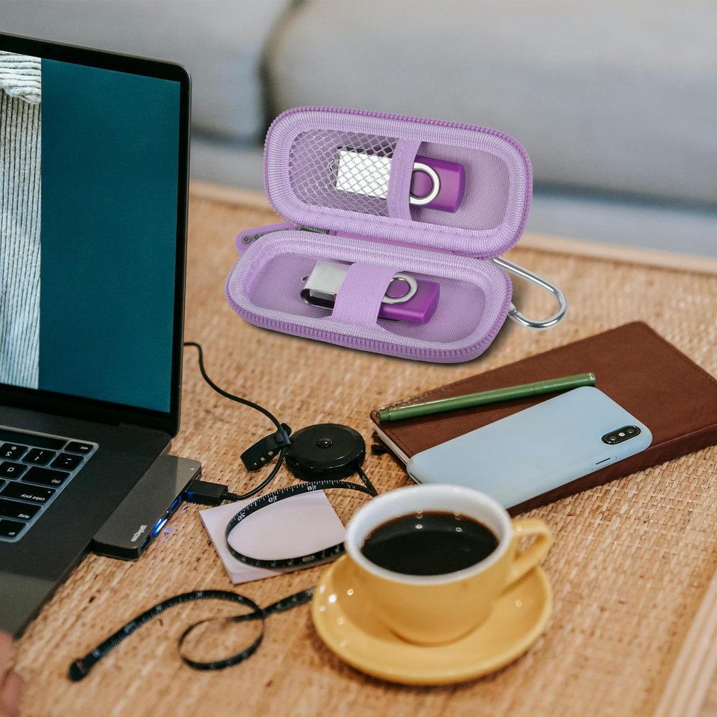 Lavender USB flash drive and SD card storage case open on a desk with electronics accessories