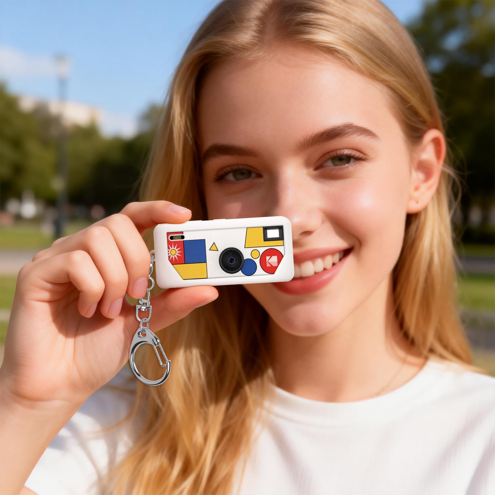 White with colorful camera graphic silicone case for Kodak Charmera keychain camera shown with a woman holding the camera on its keychain