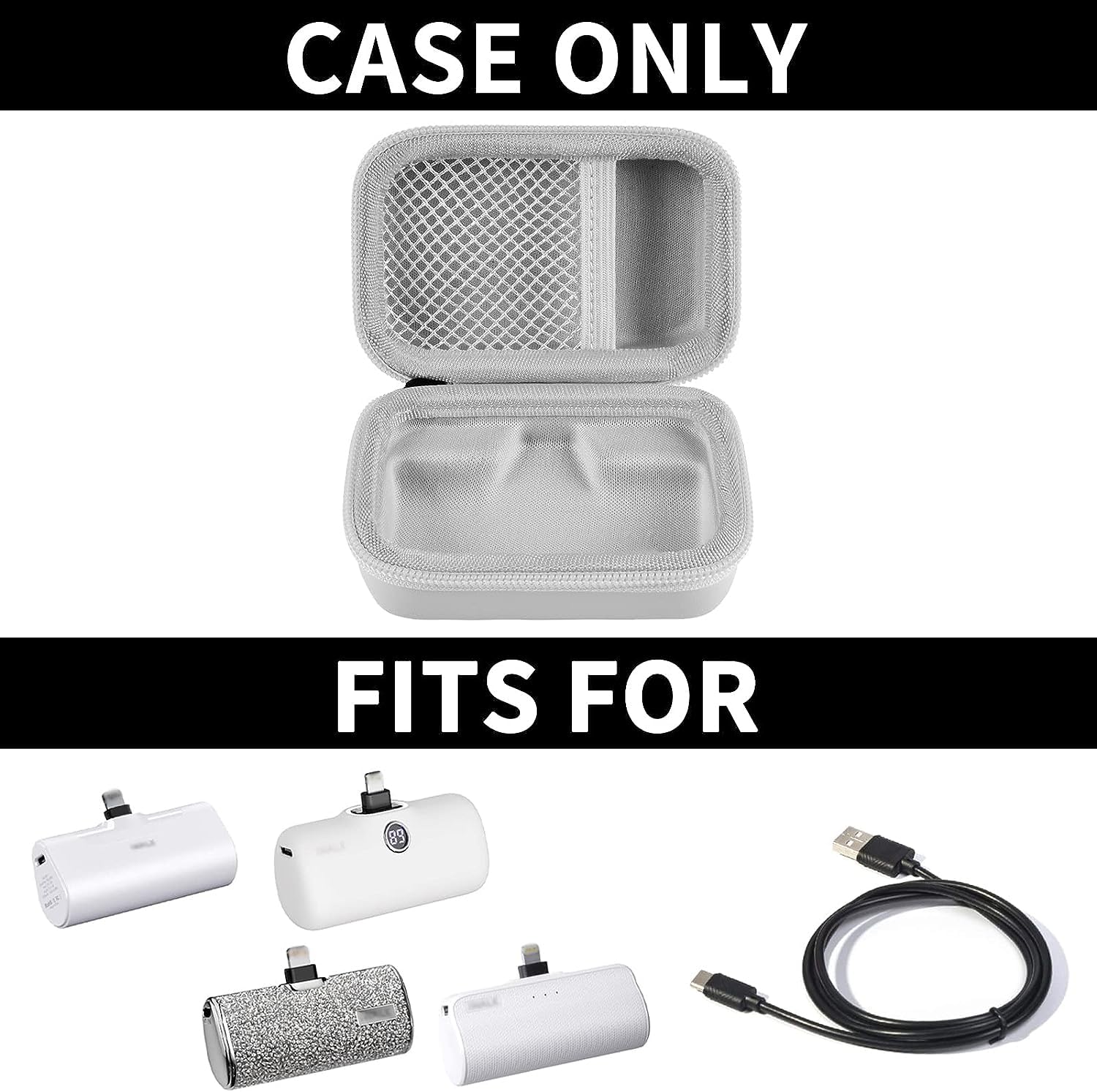 Open gray mini power bank case shown with compatible portable chargers; case only