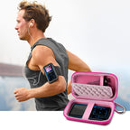 Runner using an MP3 player beside the open pink protective case