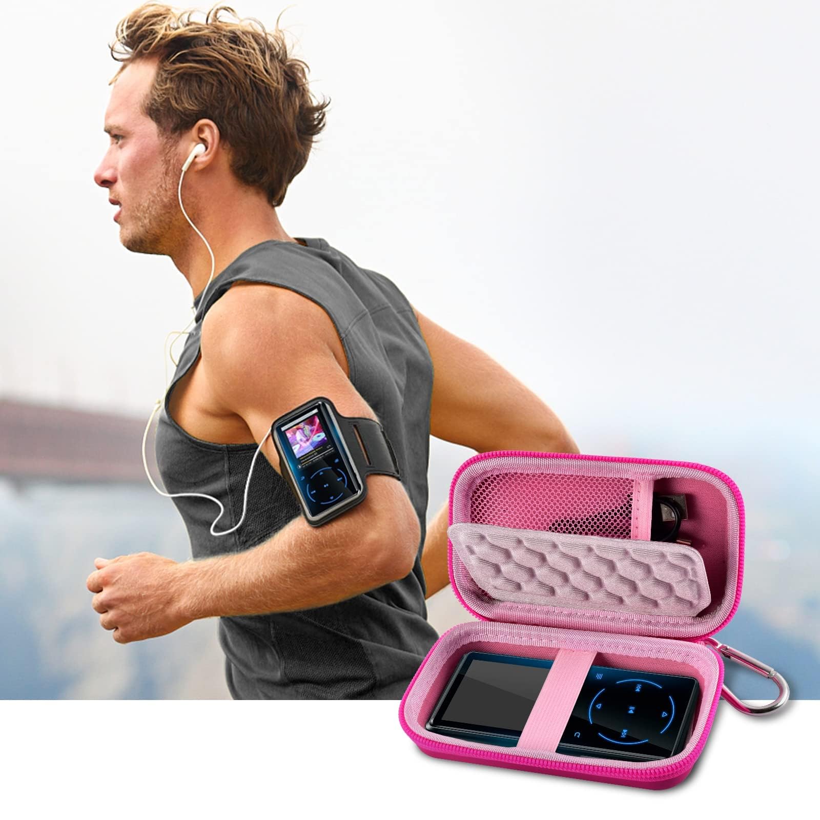 Runner using an MP3 player beside the open pink protective case