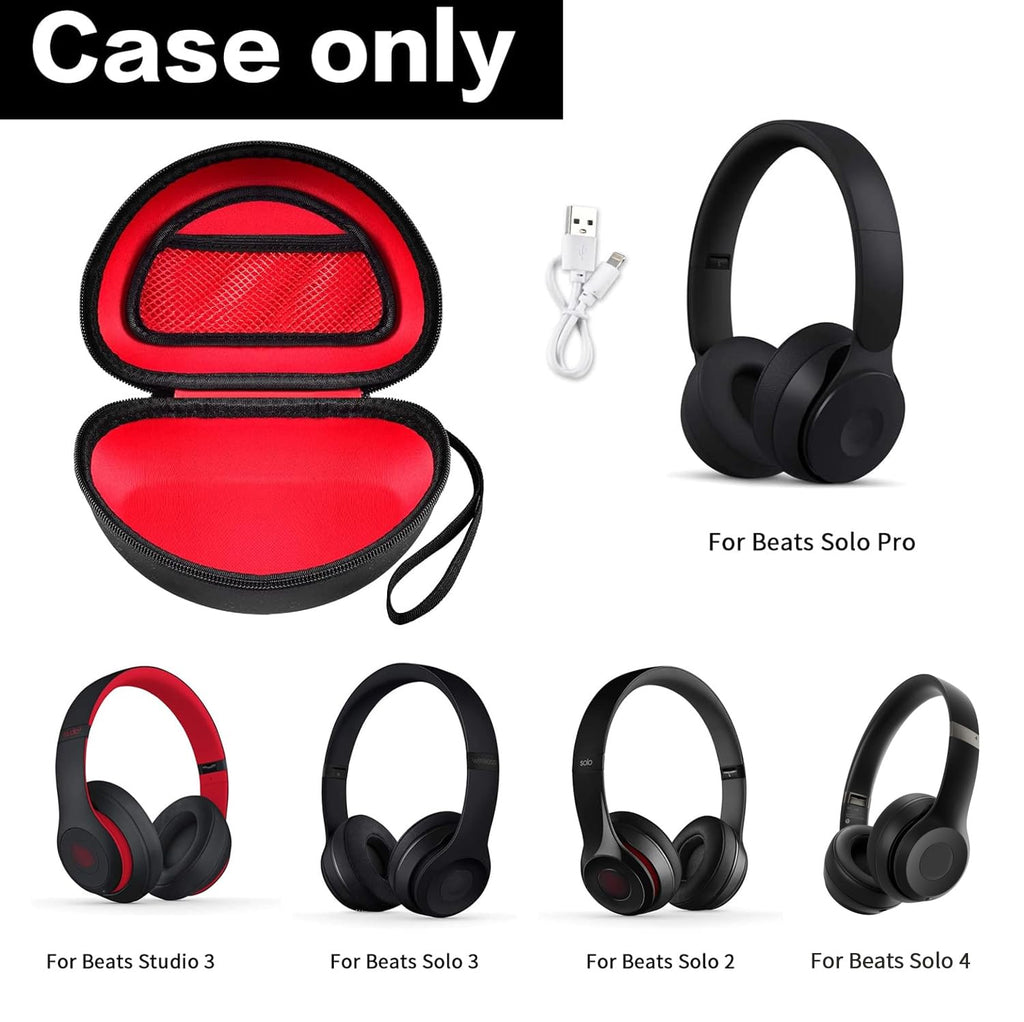 Open black and red foldable headphone case shown with compatible Beats Solo and Studio headphones; case only