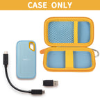Open blue and yellow SanDisk SSD case with cable and memory cards; case only