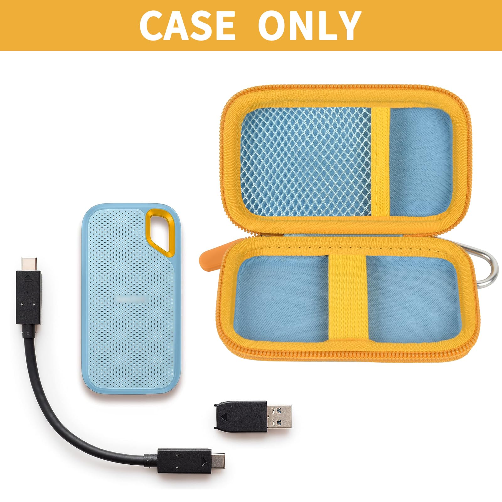 Open blue and yellow SanDisk SSD case with cable and memory cards; case only