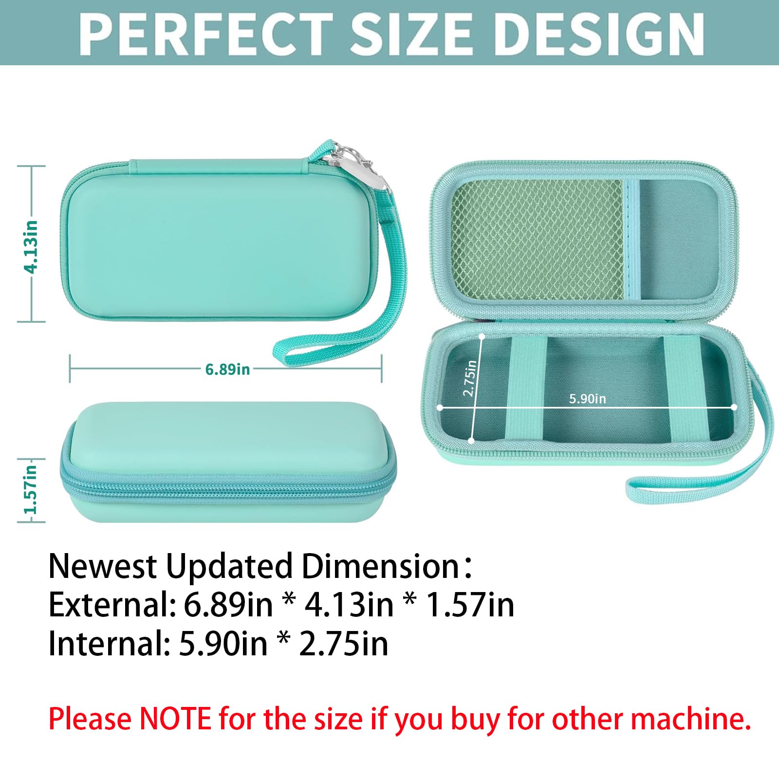 Mint green power bank case dimensions with divided interior and detachable wrist strap