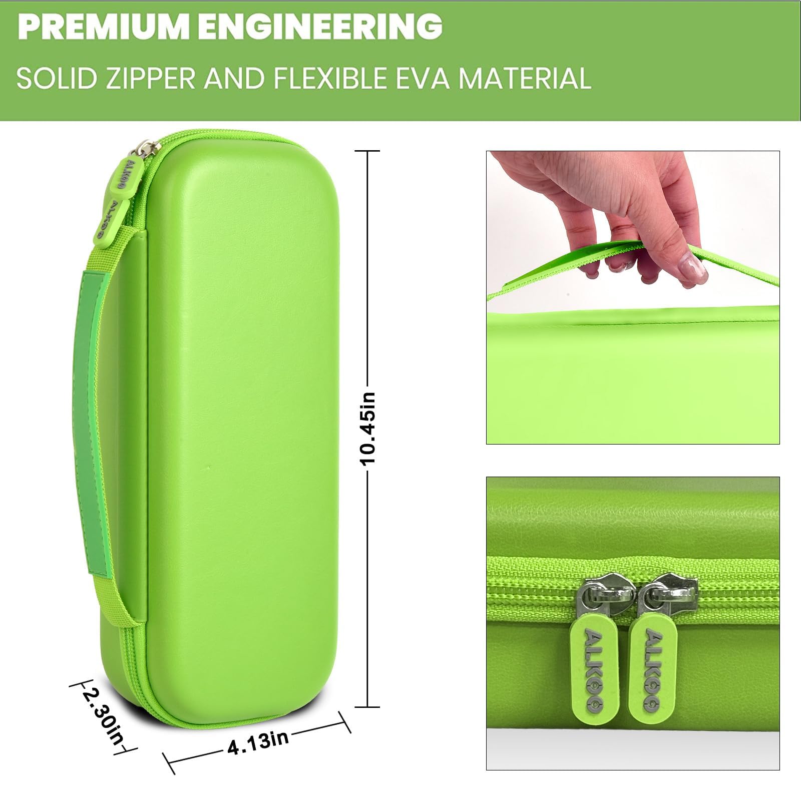 bright green hard stethoscope case dimensions, carry handle and dual zipper details
