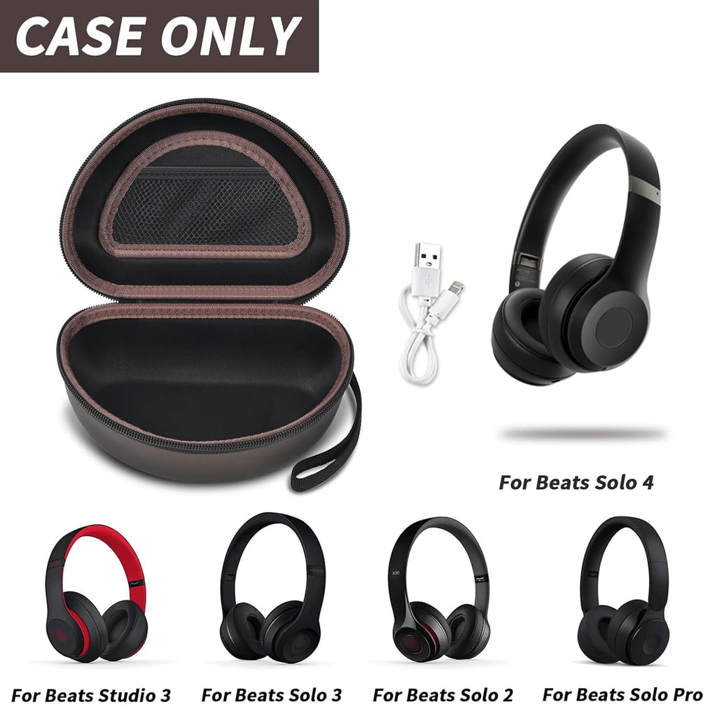 Open brown foldable headphone case shown with compatible Beats Solo and Studio headphones; case only