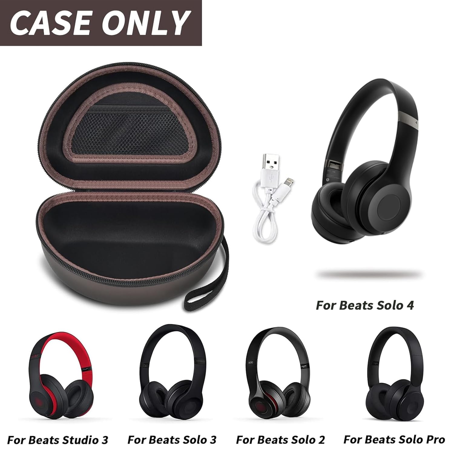 Open brown foldable headphone case shown with compatible Beats Solo and Studio headphones; case only
