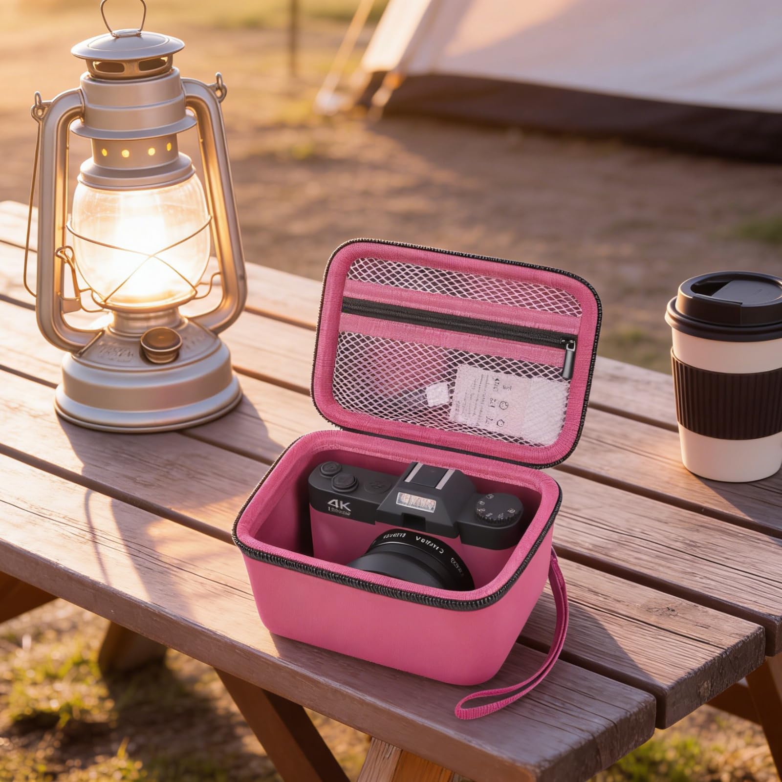 Hot pink camera case beside camping equipment on an outdoor table