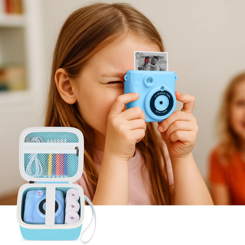 Blue bear-shaped kids instant print camera case shown with a child using a compatible camera