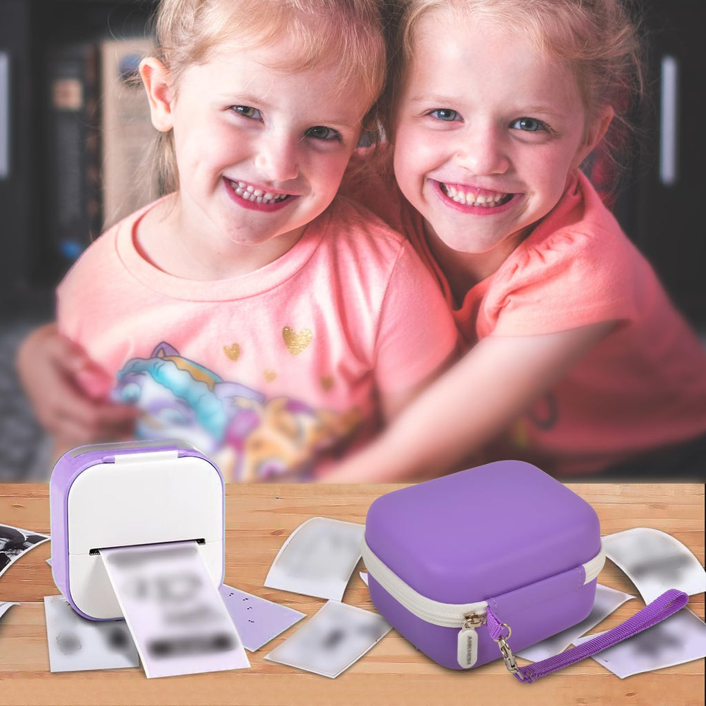 Children using a mini label printer beside the purple carrying case