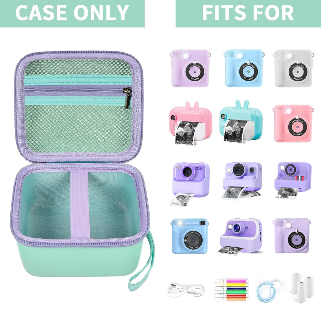 Mint green kids instant print camera case shown open beside a compatible kids instant print camera and accessories
