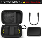 Open black Crucial X9 and X10 portable SSD case with mesh cable pocket and elastic strap; case only