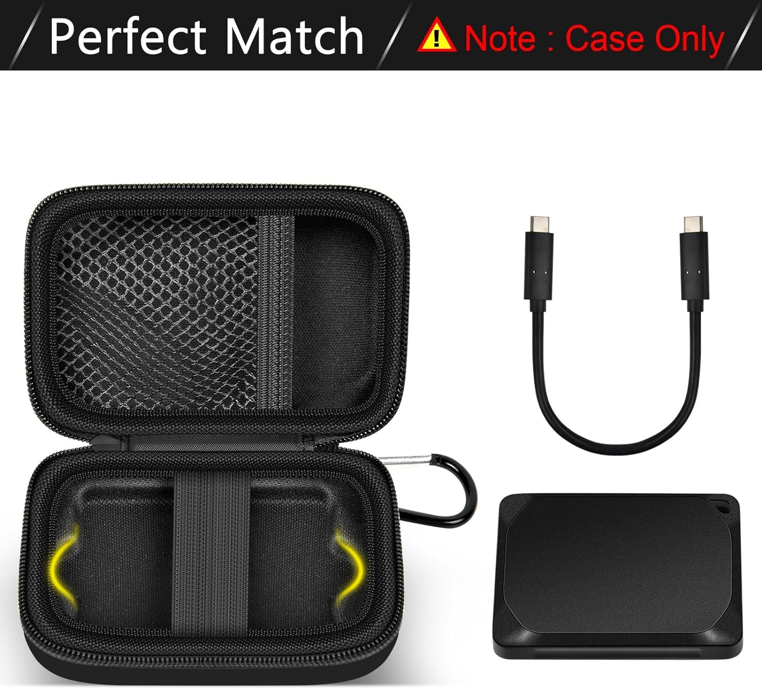 Open black Crucial X9 and X10 portable SSD case with mesh cable pocket and elastic strap; case only