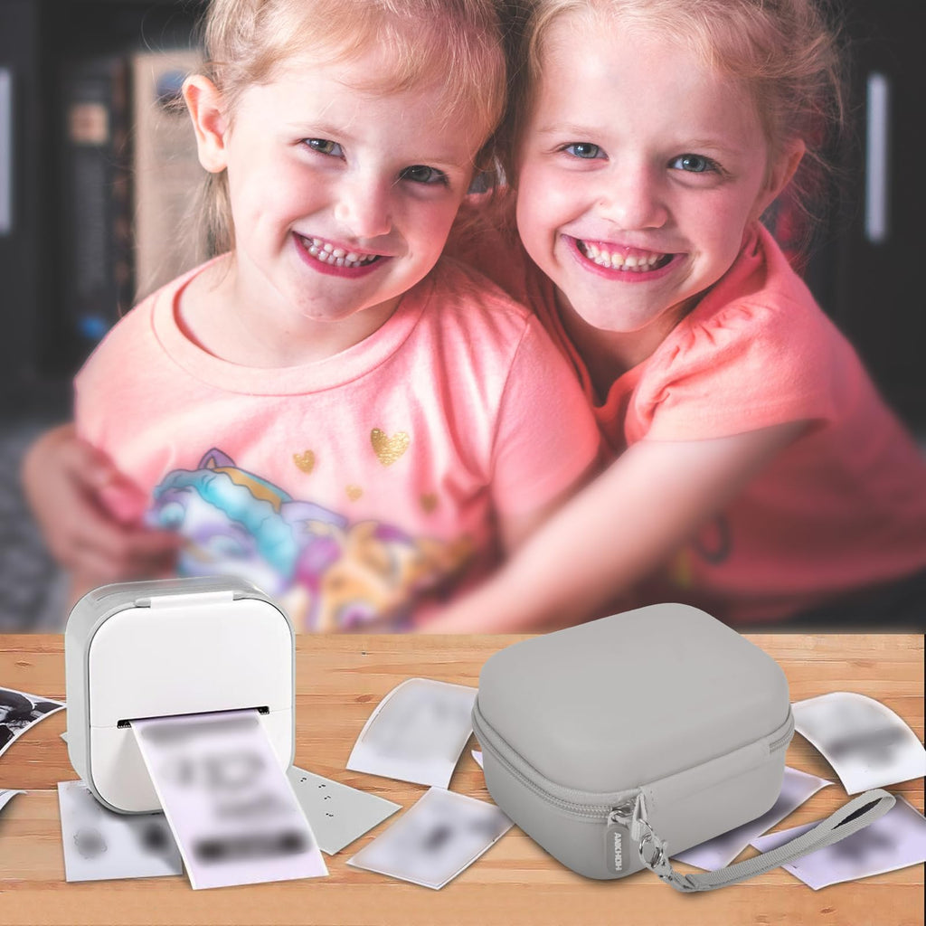 Children using a mini label printer beside the gray carrying case