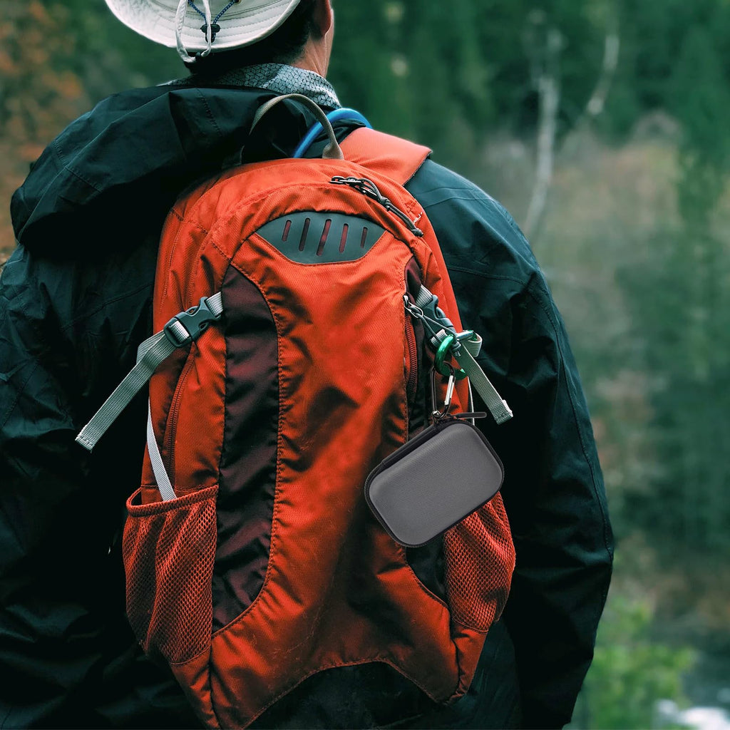 Gray Crucial SSD case clipped to a hiking backpack