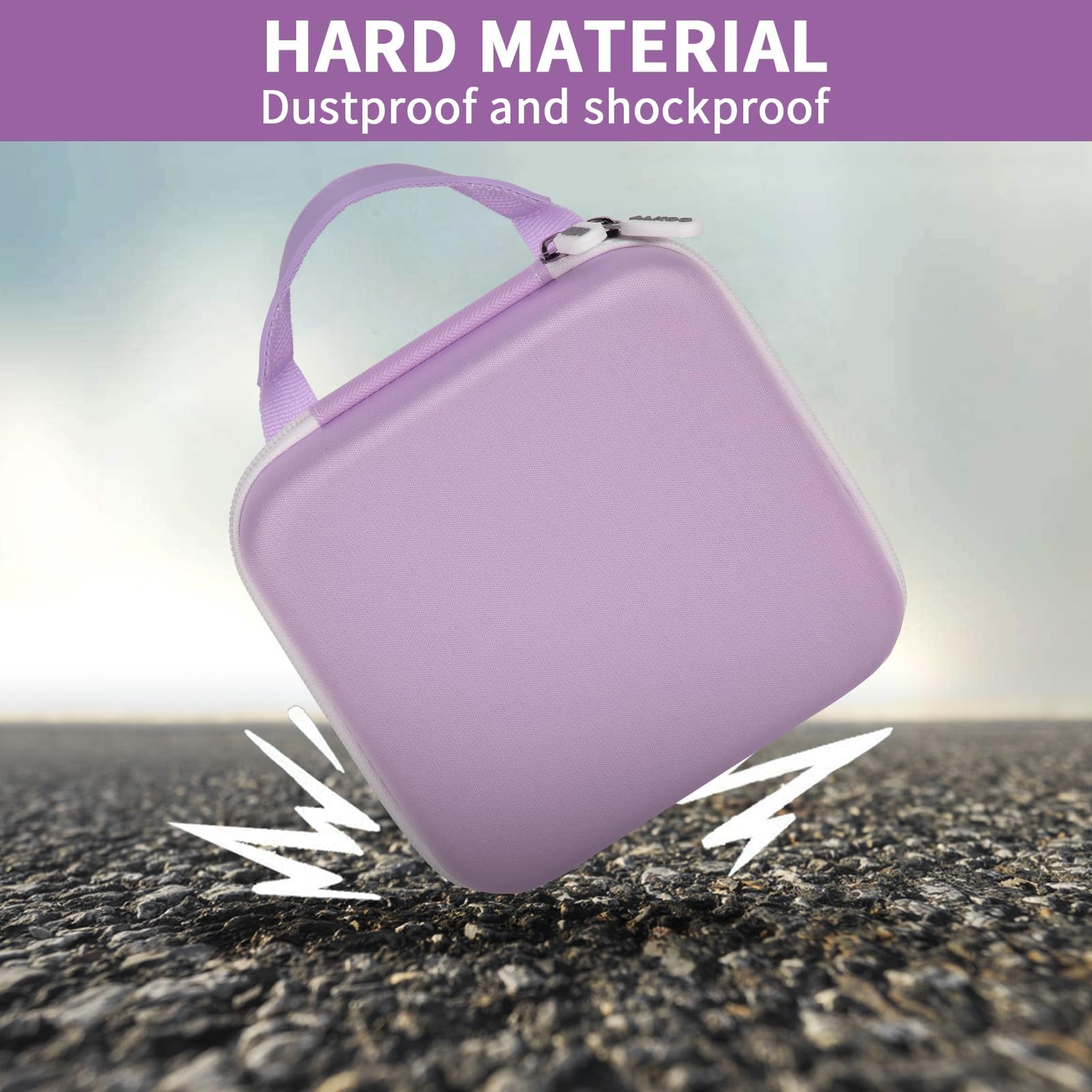 Purple NIIMBOT printer case demonstrating dustproof and shockproof hard-shell protection