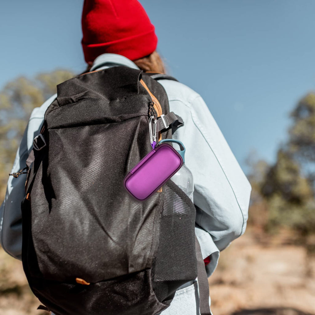 Purple KardiaMobile case clipped to a hiking backpack