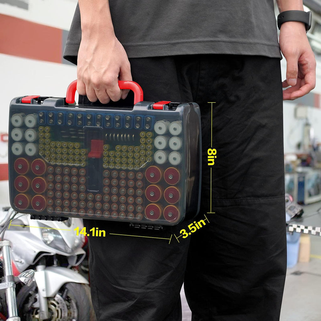 Black with red handle 269-slot battery organizer case carried by the handle with case dimensions shown