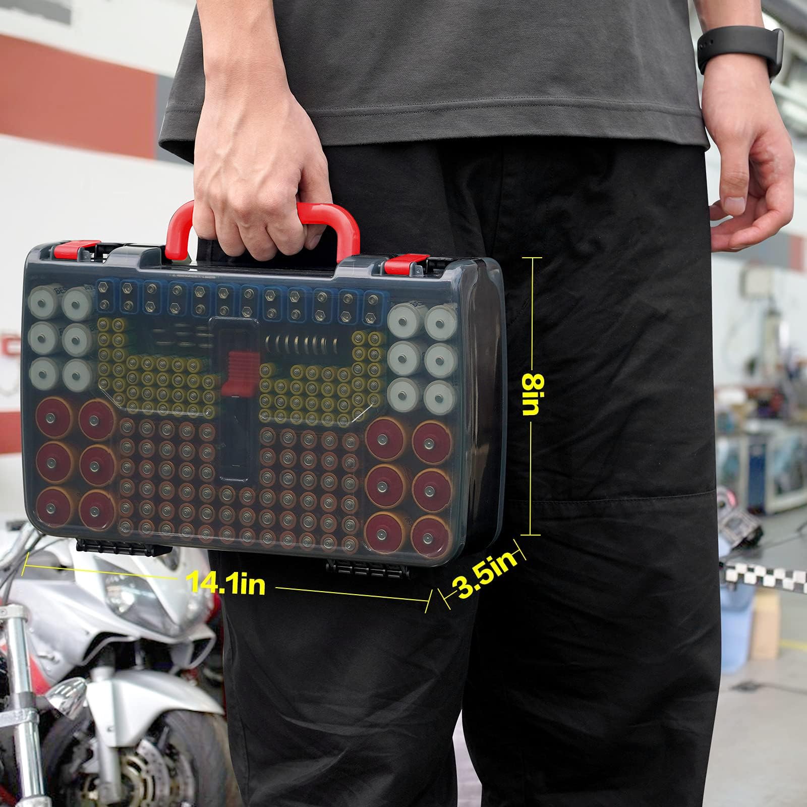 Black with red handle 269-slot battery organizer case carried by the handle with case dimensions shown