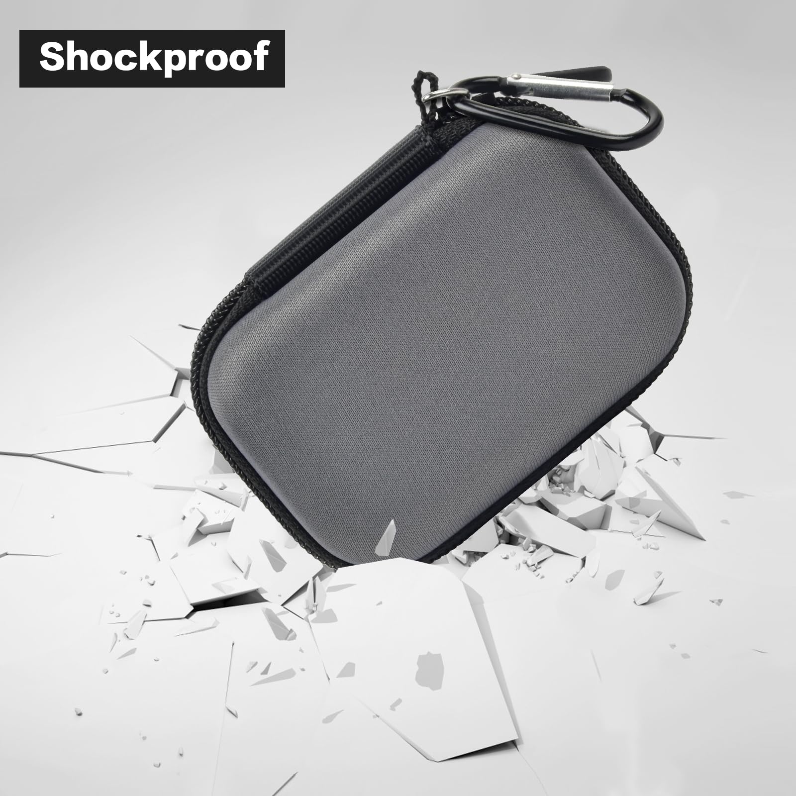 Gray Crucial SSD case demonstrating shockproof and water-resistant protection