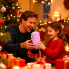 Father and daughter holding the pink 3D printing pen case during a holiday activity