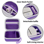 Purple label maker case interior with mesh pocket, removable divider, and soft lining
