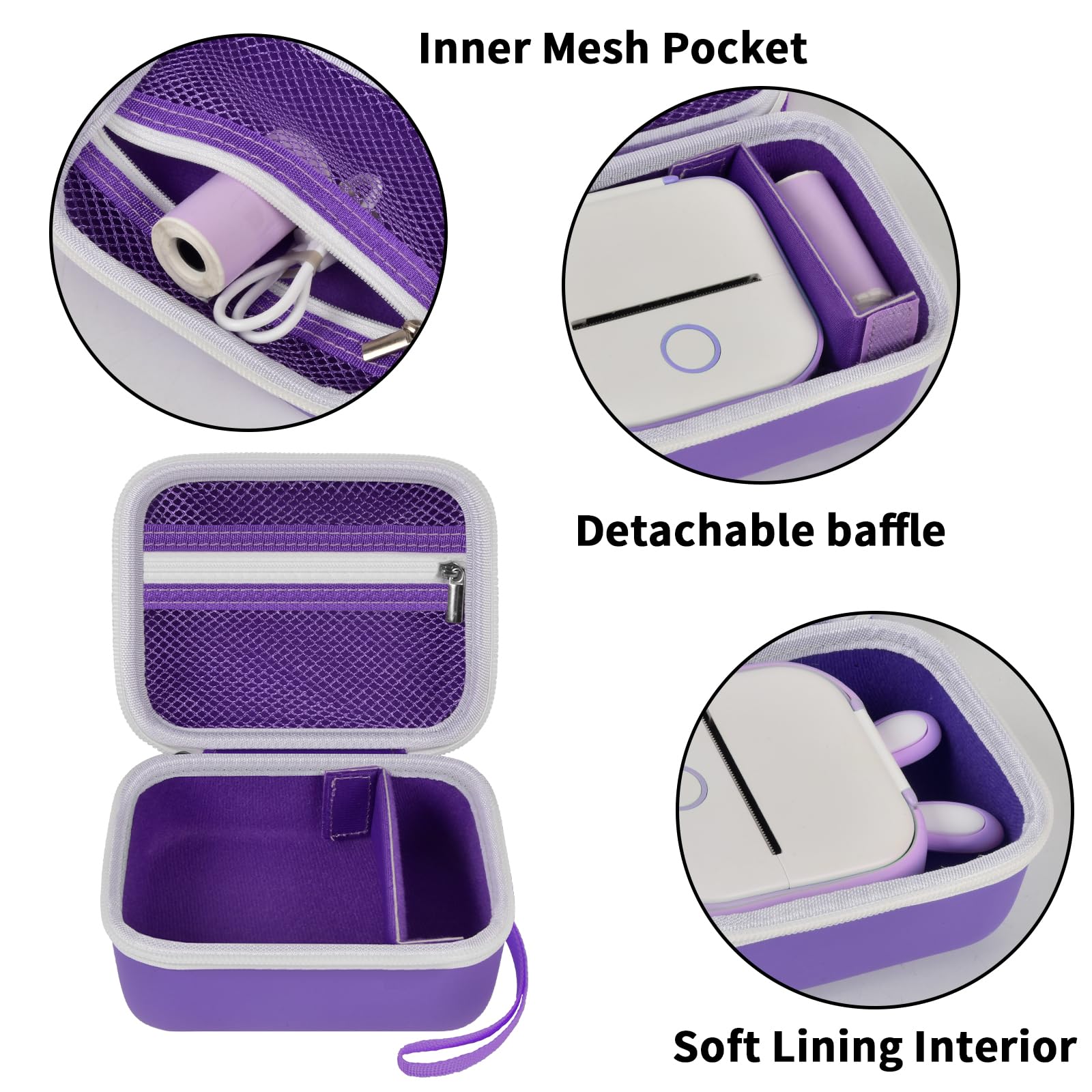 Purple label maker case interior with mesh pocket, removable divider, and soft lining
