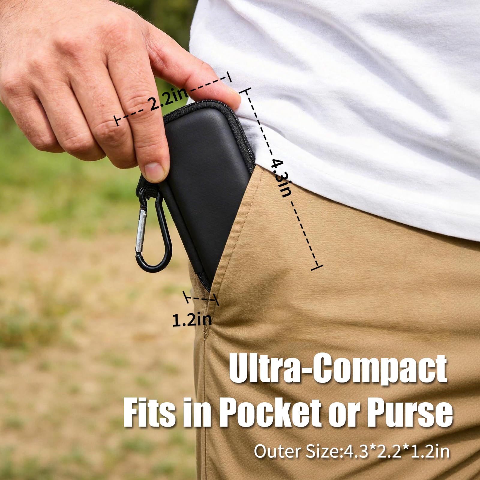 Ultra-compact black KardiaMobile case dimensions for pocket or purse carry
