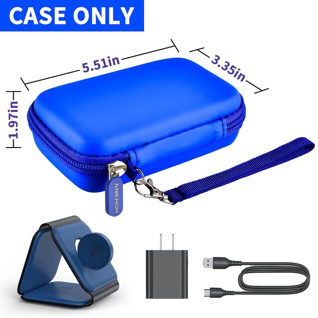 Blue 3-in-1 charging station case with dimensions and compatible charging accessories; case only