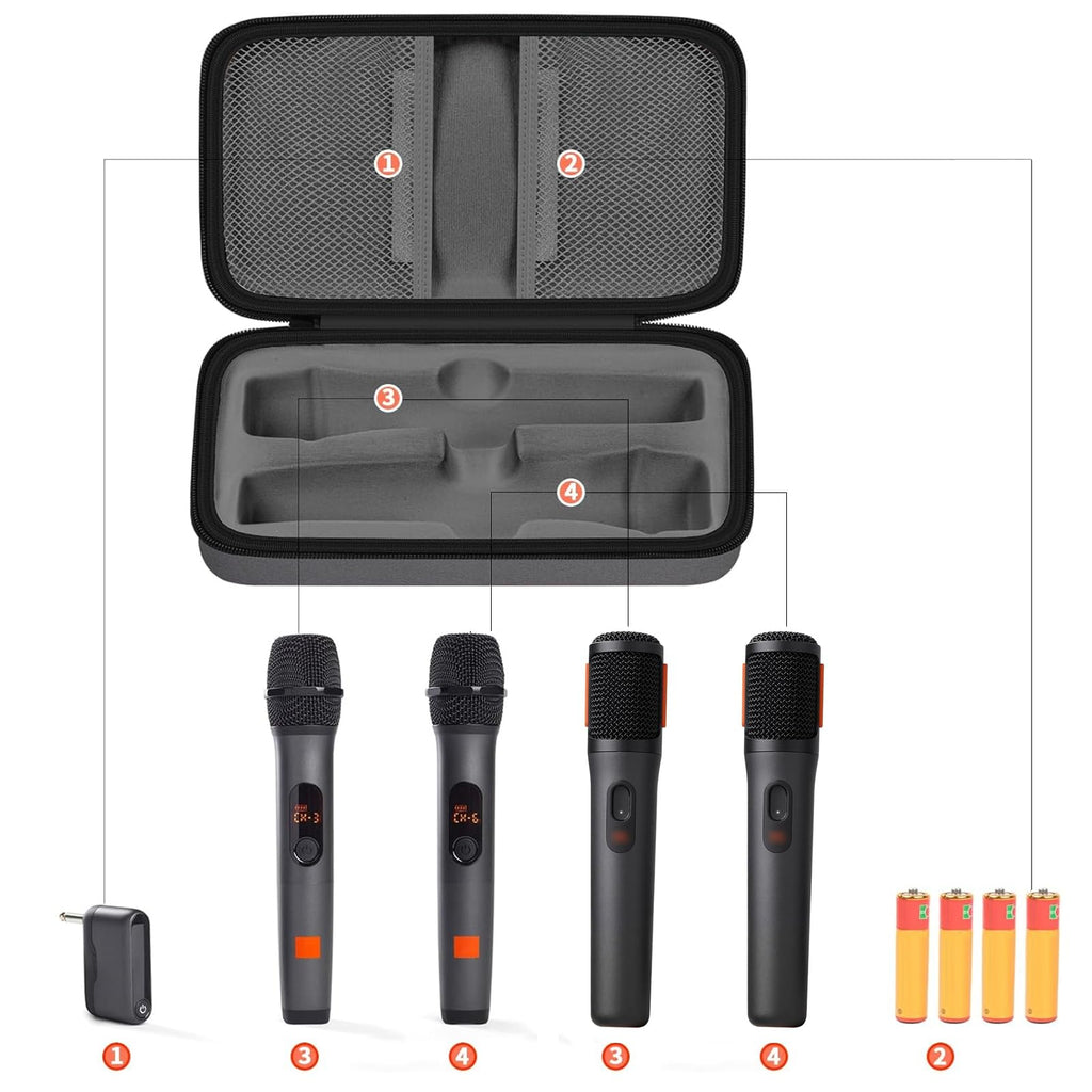 Open dark gray JBL PartyBox wireless microphone case with dual mic compartments and battery storage