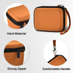 Orange camera case with hard EVA shell, strong zipper, and carrying strap