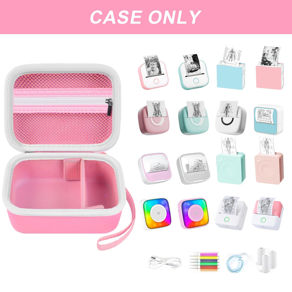 Open pink mini label printer case shown with compatible Memoking and Phomemo printers; case only
