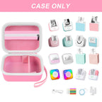 Open pink mini label printer case shown with compatible Memoking and Phomemo printers; case only