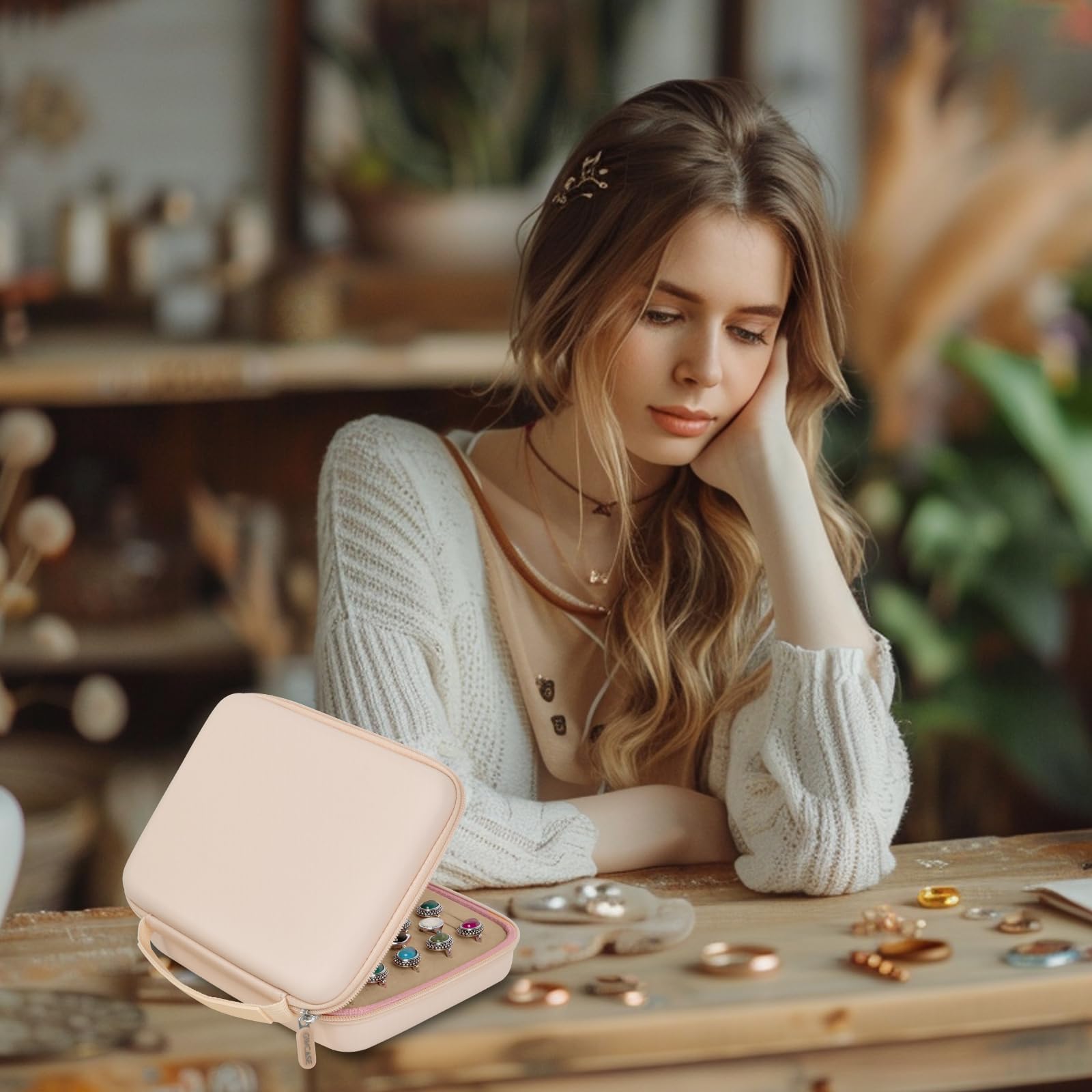 Woman using the pink ring organizer on a jewelry worktable