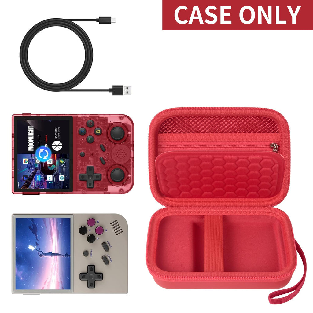 Red retro handheld console carrying case shown open with compatible retro handheld consoles and cable