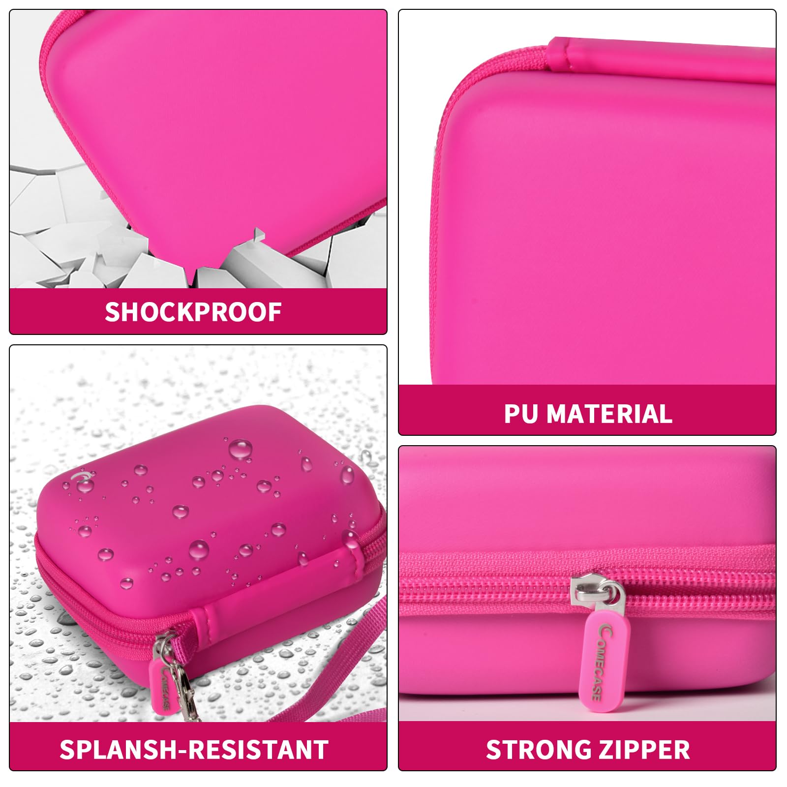 Magenta camera case interior with elastic strap, mesh pocket, foam insert, and shock-absorbing padding
