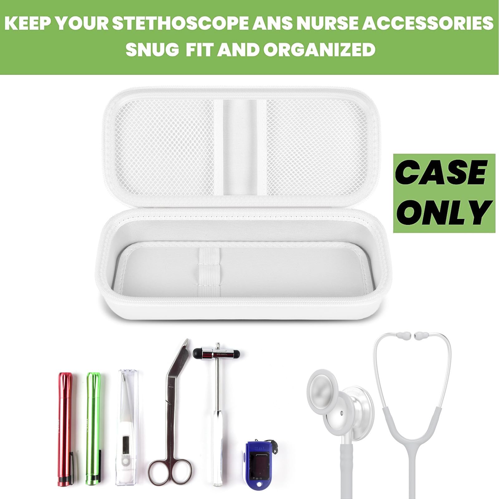Open white heart-patterned hard stethoscope case with organized compartments for medical accessories