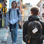 White and orange JBL Go speaker case carried by hand and attached to a backpack