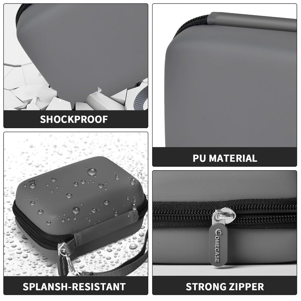 Gray camera case interior with elastic strap, mesh pocket, foam insert, and shock-absorbing padding