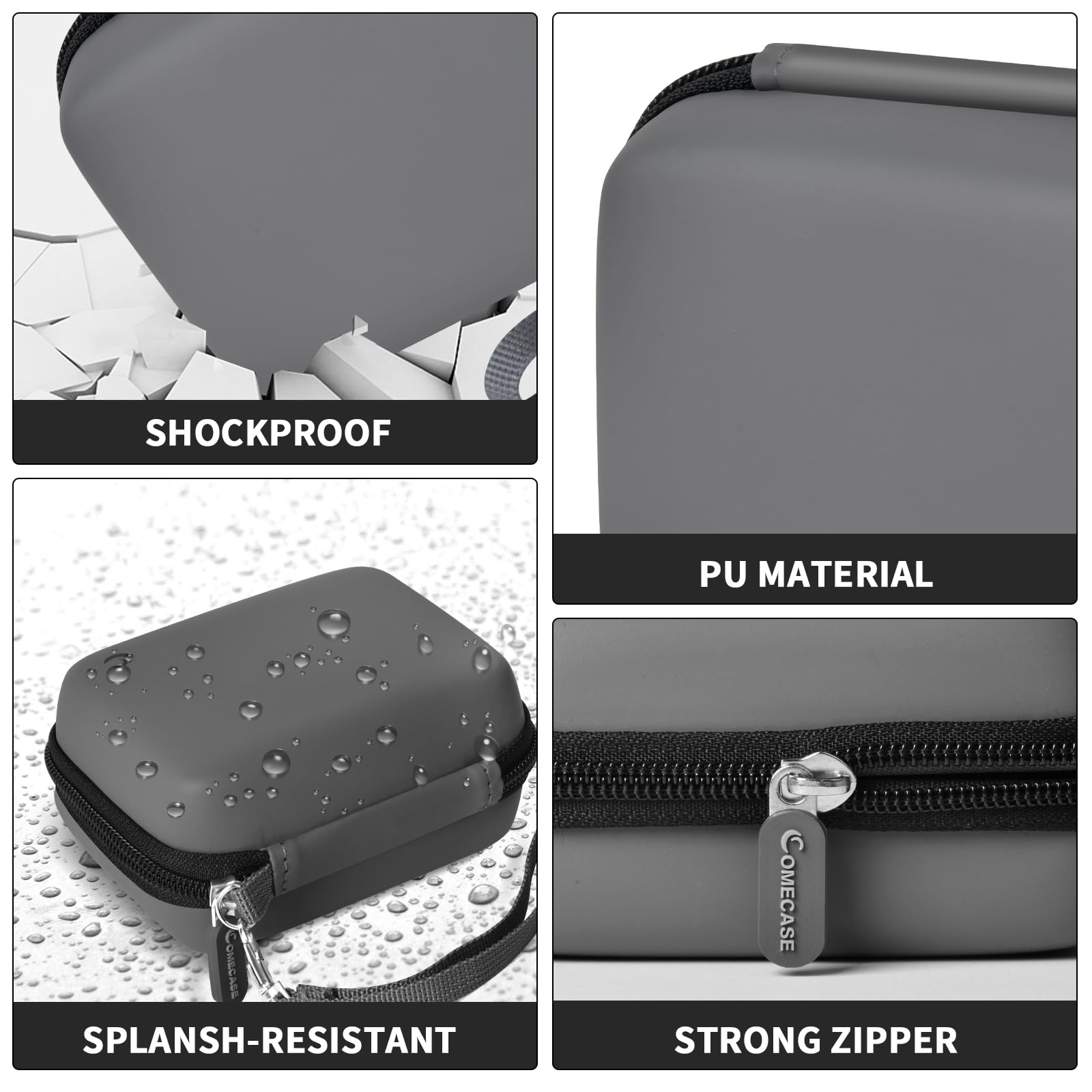 Gray camera case interior with elastic strap, mesh pocket, foam insert, and shock-absorbing padding