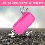Hot pink USB flash drive and SD card storage case drop-protection demonstration