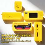 Yellow with retro camera graphic silicone case for Kodak Charmera keychain camera precise-fit design shown from multiple angles